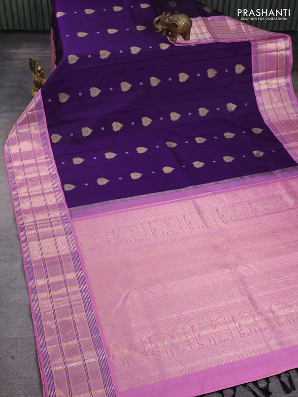 Pure kanchipuram silk saree purple and light pink with thread & zari woven buttas and rich zari woven korvai border