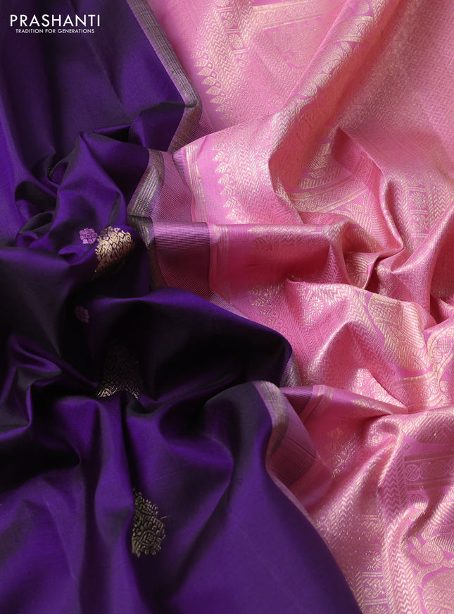Pure kanchipuram silk saree purple and light pink with thread & zari woven buttas and rich zari woven korvai border