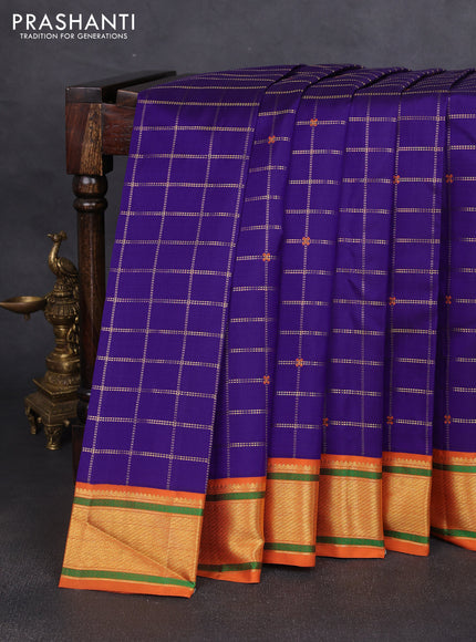 Pure kanchipuram silk saree violet and rustic orange shade with allover zari checks & buttas and long zari woven border