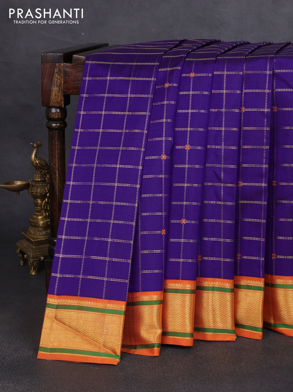 Pure kanchipuram silk saree violet and rustic orange shade with allover zari checks & buttas and long zari woven border