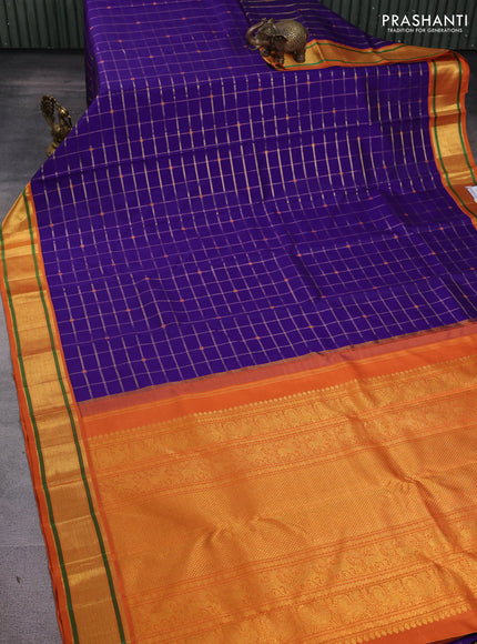 Pure kanchipuram silk saree violet and rustic orange shade with allover zari checks & buttas and long zari woven border