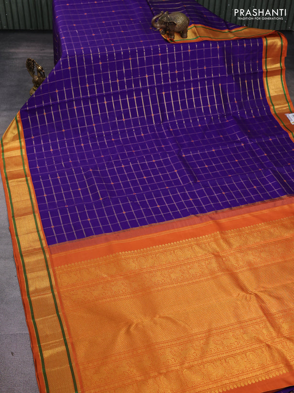 Pure kanchipuram silk saree violet and rustic orange shade with allover zari checks & buttas and long zari woven border