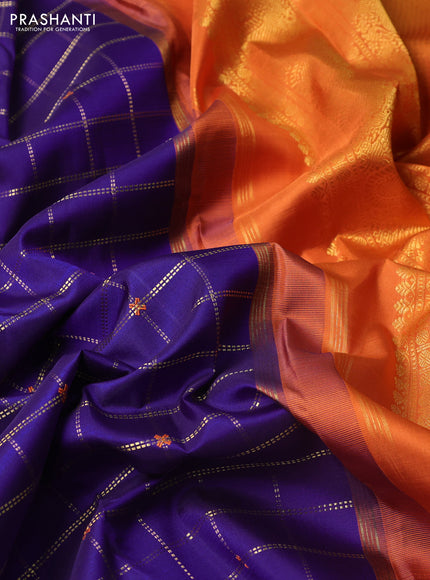 Pure kanchipuram silk saree violet and rustic orange shade with allover zari checks & buttas and long zari woven border