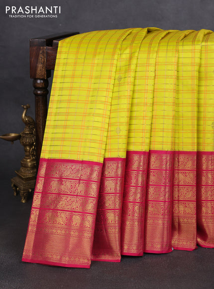Pure kanchipuram silk saree lime and pink with allover zari checks & buttas and long zari woven border