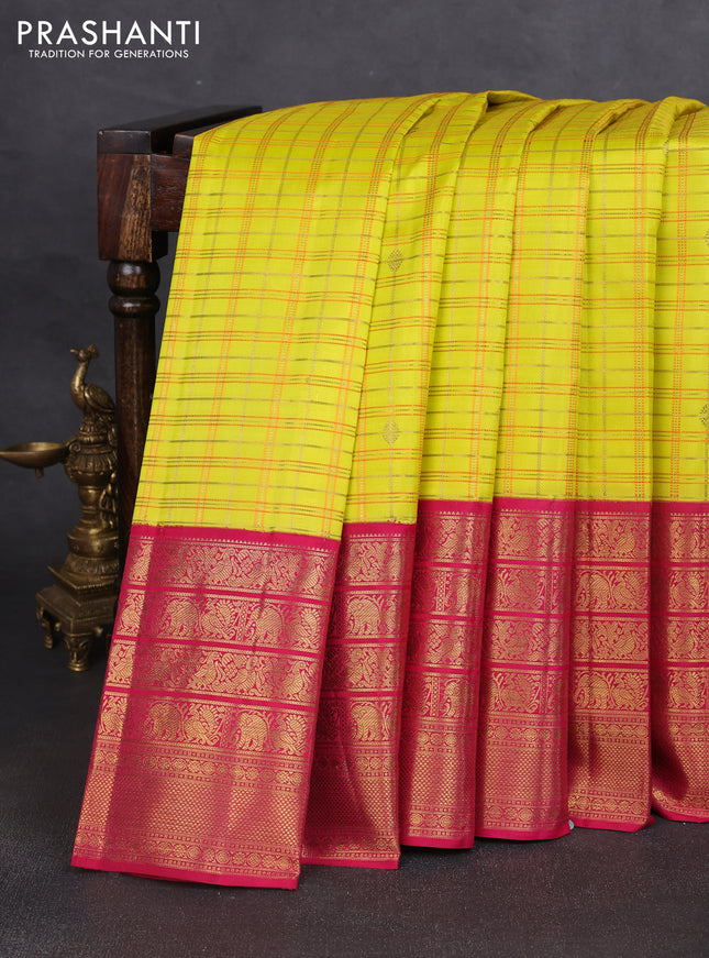 Pure kanchipuram silk saree lime and pink with allover zari checks & buttas and long zari woven border
