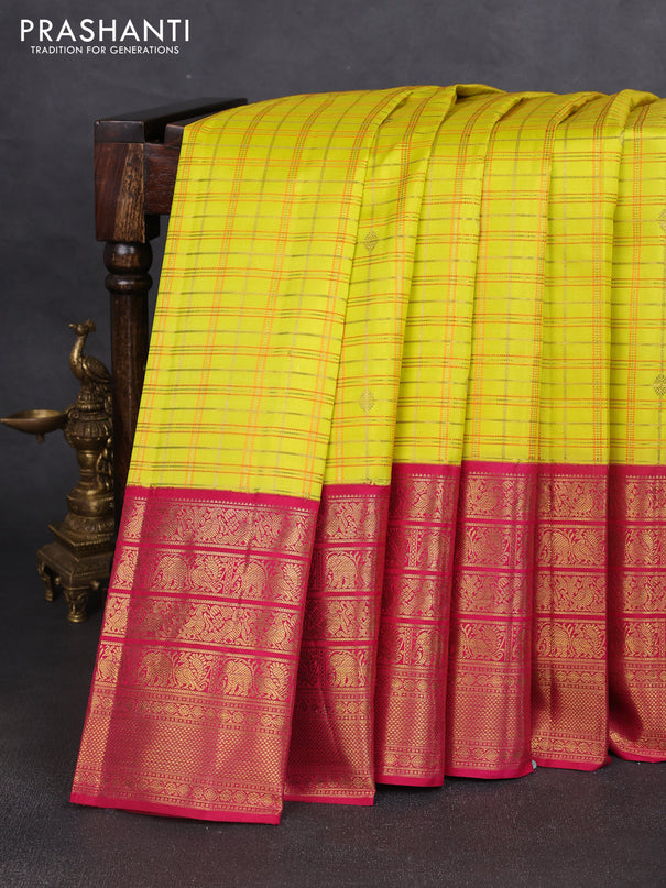Pure kanchipuram silk saree lime and pink with allover zari checks & buttas and long zari woven border