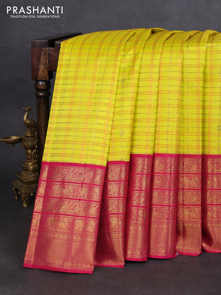 Pure kanchipuram silk saree lime and pink with allover zari checks & buttas and long zari woven border