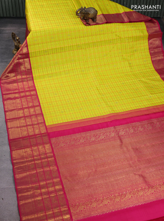 Pure kanchipuram silk saree lime and pink with allover zari checks & buttas and long zari woven border