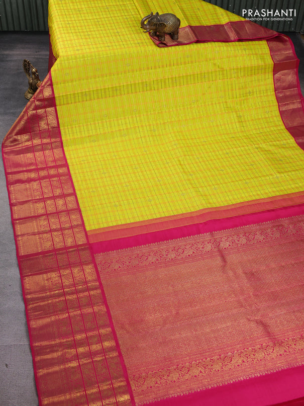 Pure kanchipuram silk saree lime and pink with allover zari checks & buttas and long zari woven border