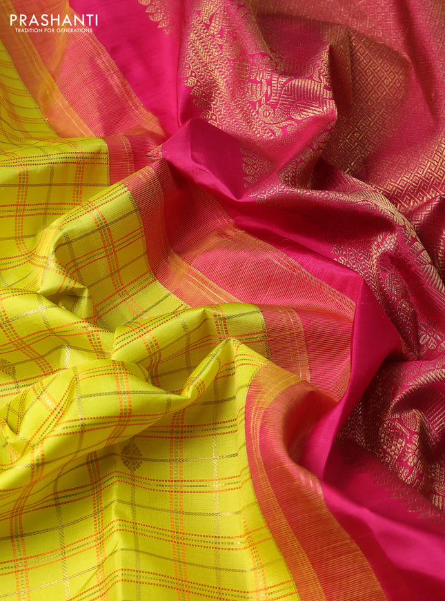 Pure kanchipuram silk saree lime and pink with allover zari checks & buttas and long zari woven border