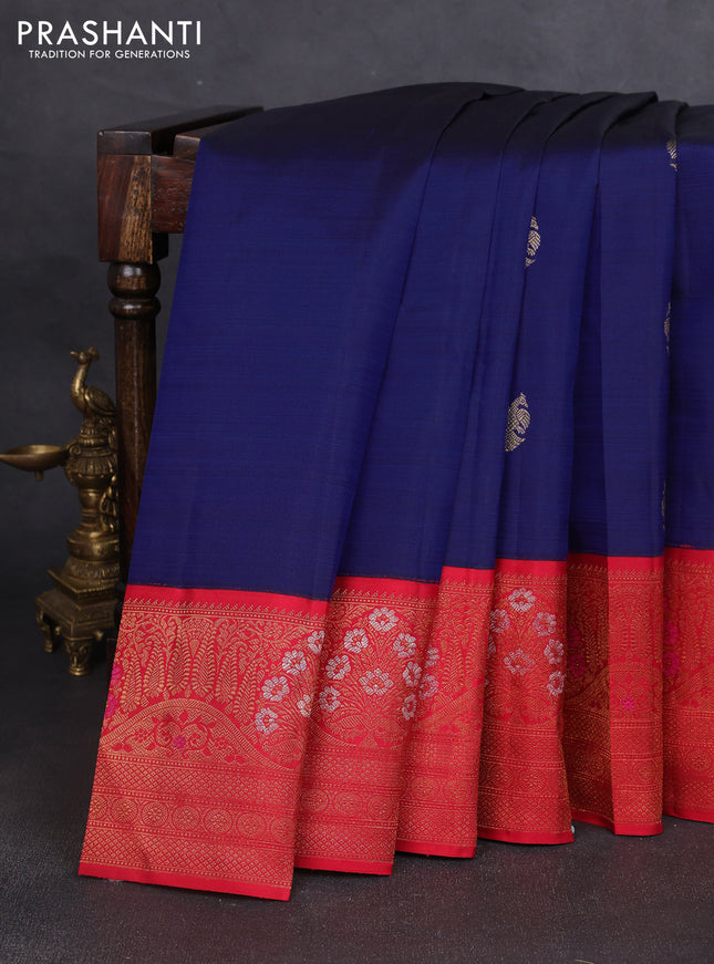 Pure kanchipuram silk saree dark blue and red with zari woven buttas and long zari woven border