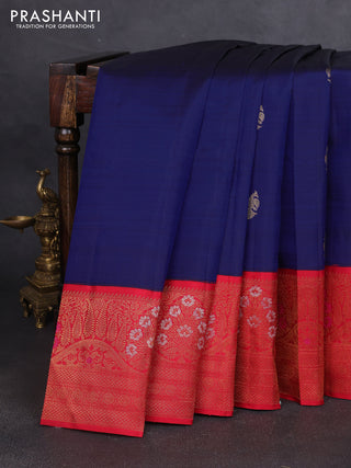 Pure kanchipuram silk saree dark blue and red with zari woven buttas and long zari woven border