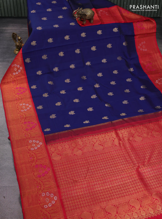 Pure kanchipuram silk saree dark blue and red with zari woven buttas and long zari woven border