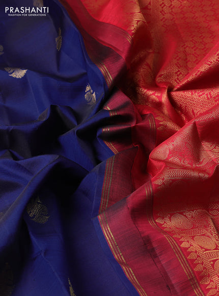 Pure kanchipuram silk saree dark blue and red with zari woven buttas and long zari woven border