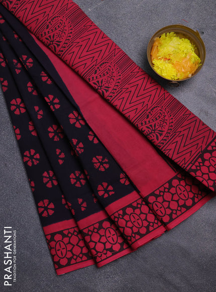 Sungudi cotton saree navy blue and pink with allover batik prints and printed border