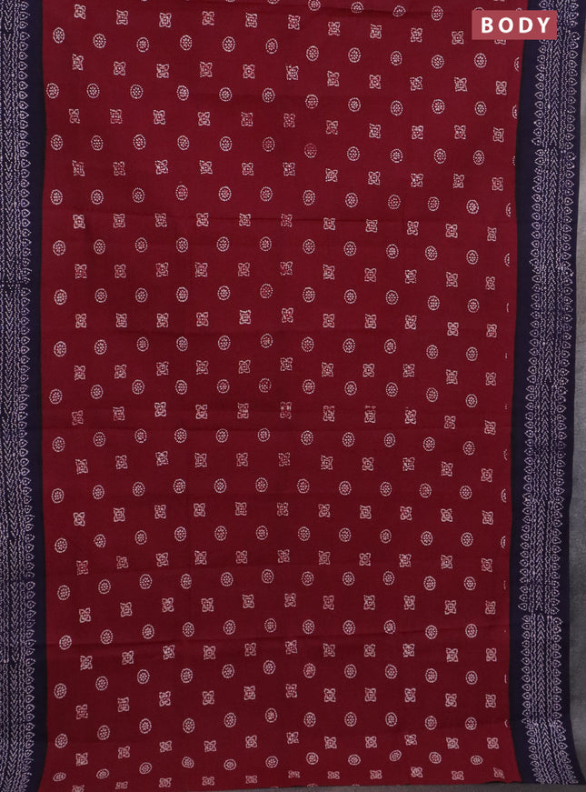 Sungudi cotton saree deep maroon and navy blue with allover batik prints and printed border