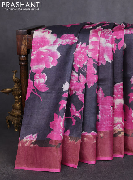 Pure tussar silk saree grey and pink with allover prints and zari woven border