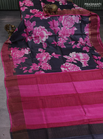Pure tussar silk saree grey and pink with allover prints and zari woven border