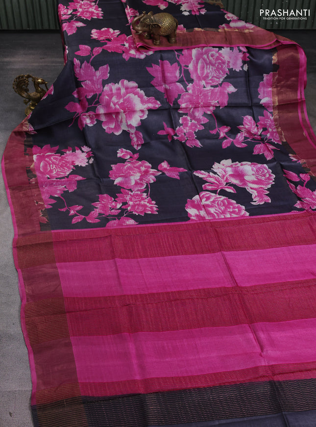 Pure tussar silk saree grey and pink with allover prints and zari woven border
