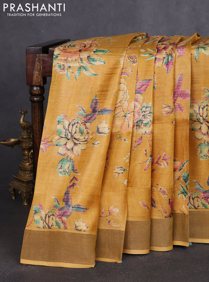 Pure tussar silk saree mustard yellow with allover prints and zari woven border