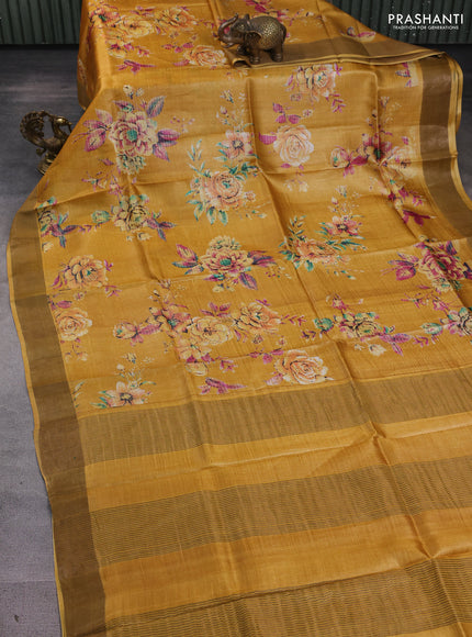 Pure tussar silk saree mustard yellow with allover prints and zari woven border