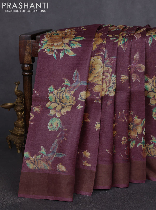 Pure tussar silk saree wine shade with allover prints and zari woven border