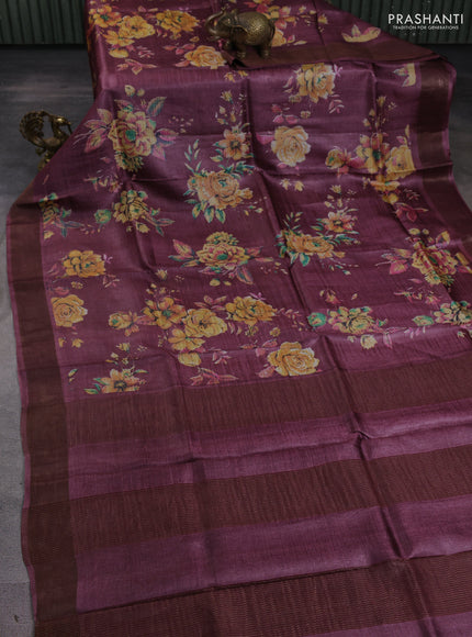 Pure tussar silk saree wine shade with allover prints and zari woven border