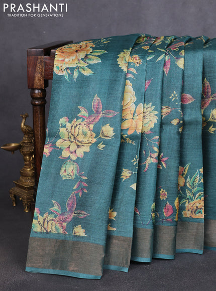 Pure tussar silk saree green with allover prints and zari woven border