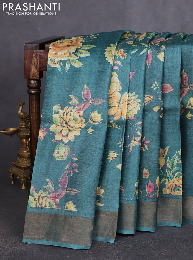 Pure tussar silk saree green with allover prints and zari woven border