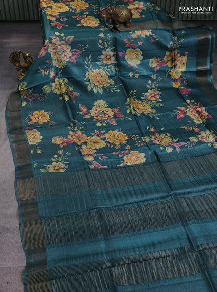 Pure tussar silk saree green with allover prints and zari woven border