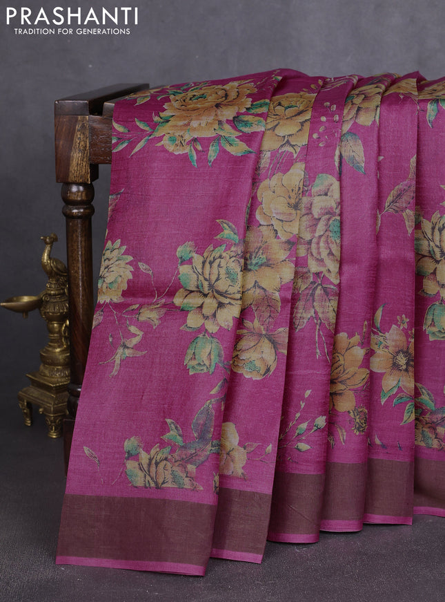 Pure tussar silk saree pink with allover prints and zari woven border