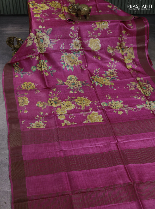 Pure tussar silk saree pink with allover prints and zari woven border
