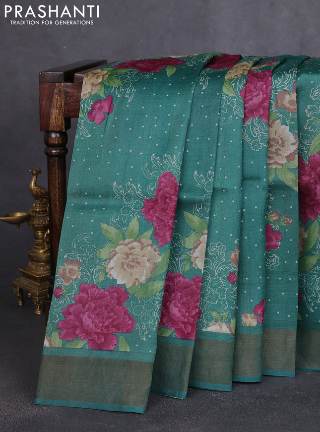 Pure tussar silk saree green with allover prints and zari woven border