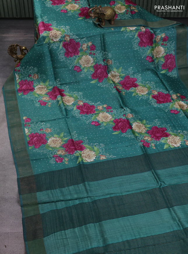 Pure tussar silk saree green with allover prints and zari woven border