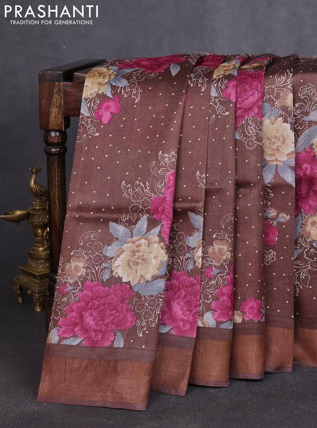 Pure tussar silk saree brown with allover prints and zari woven border