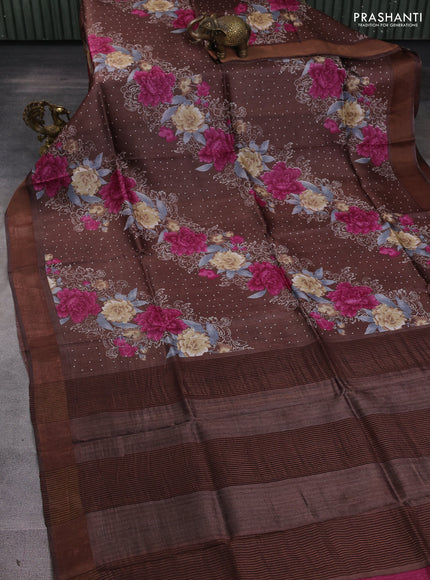 Pure tussar silk saree brown with allover prints and zari woven border