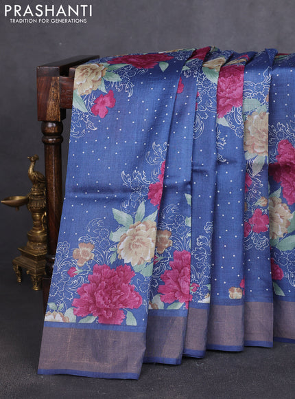 Pure tussar silk saree navy blue with allover prints and zari woven border