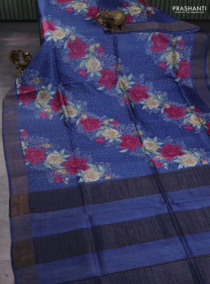 Pure tussar silk saree navy blue with allover prints and zari woven border