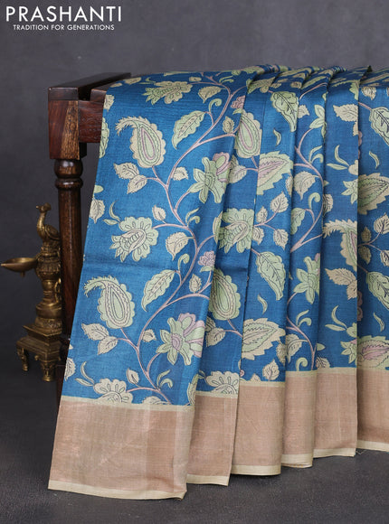 Pure tussar silk saree blue and pale yellow with allover prints and zari woven border