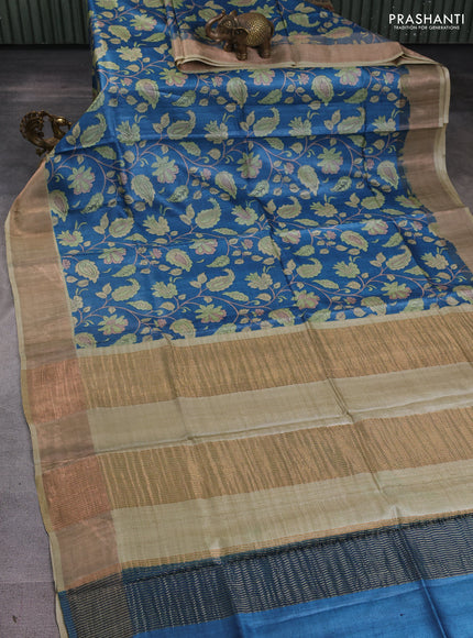 Pure tussar silk saree blue and pale yellow with allover prints and zari woven border