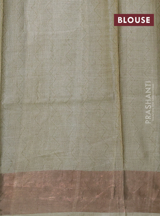Pure tussar silk saree blue and pale yellow with allover prints and zari woven border