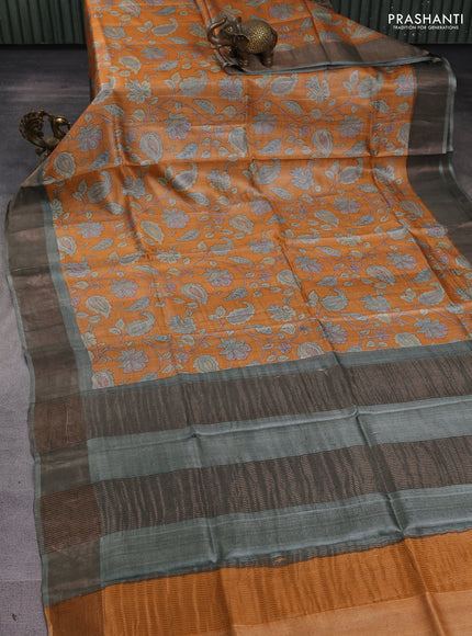 Pure tussar silk saree orange and pastel green with allover prints and zari woven border