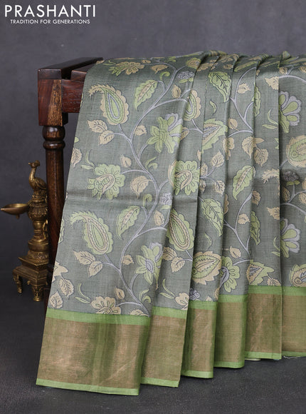Pure tussar silk saree pastel green and light green with allover prints and zari woven border