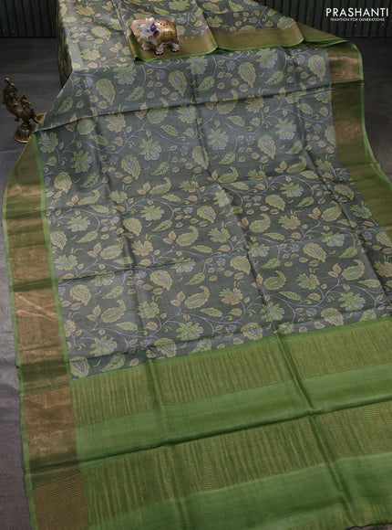 Pure tussar silk saree pastel green and light green with allover prints and zari woven border
