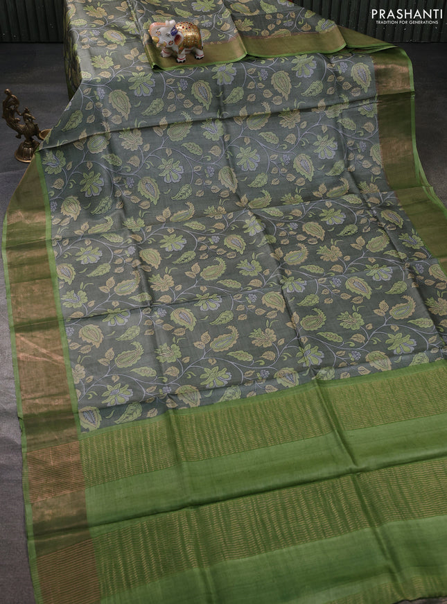 Pure tussar silk saree pastel green and light green with allover prints and zari woven border