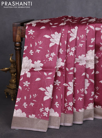 Pure tussar silk saree wine shade and pastel green with allover prints and zari woven border