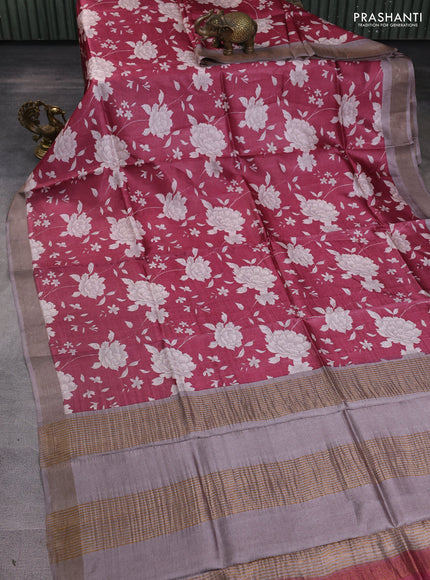 Pure tussar silk saree wine shade and pastel green with allover prints and zari woven border