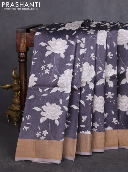 Pure tussar silk saree black and pastel green with allover prints and zari woven border