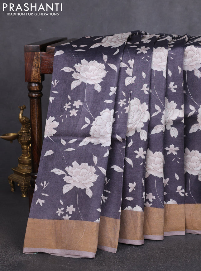 Pure tussar silk saree black and pastel green with allover prints and zari woven border