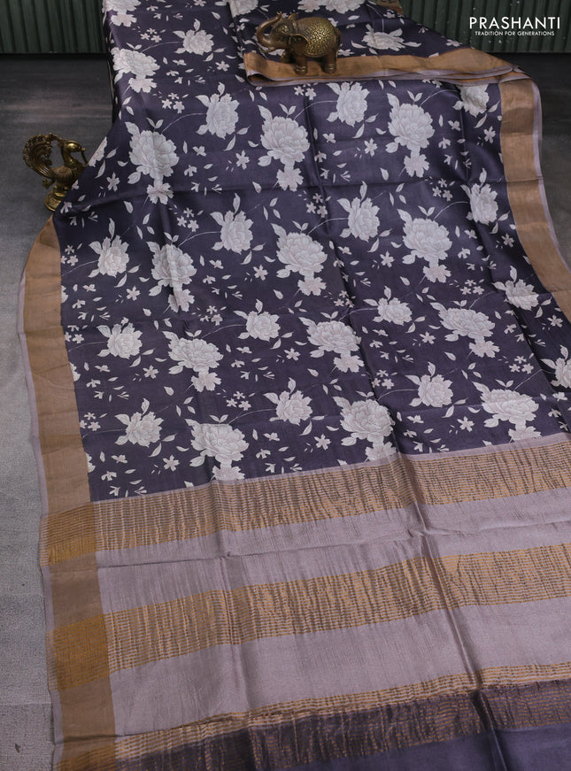 Pure tussar silk saree black and pastel green with allover prints and zari woven border